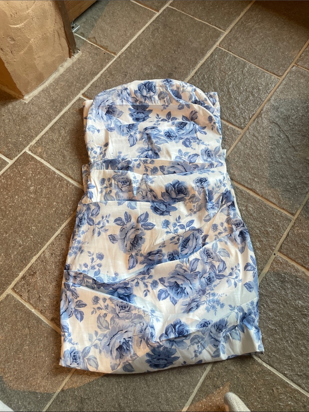 White Strapless Mini Dress with Blue Rose Print